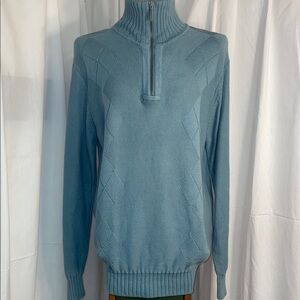Geoffrey Beene teal cotton mock turtleneck sweater with a quarter-zip. Sz Large